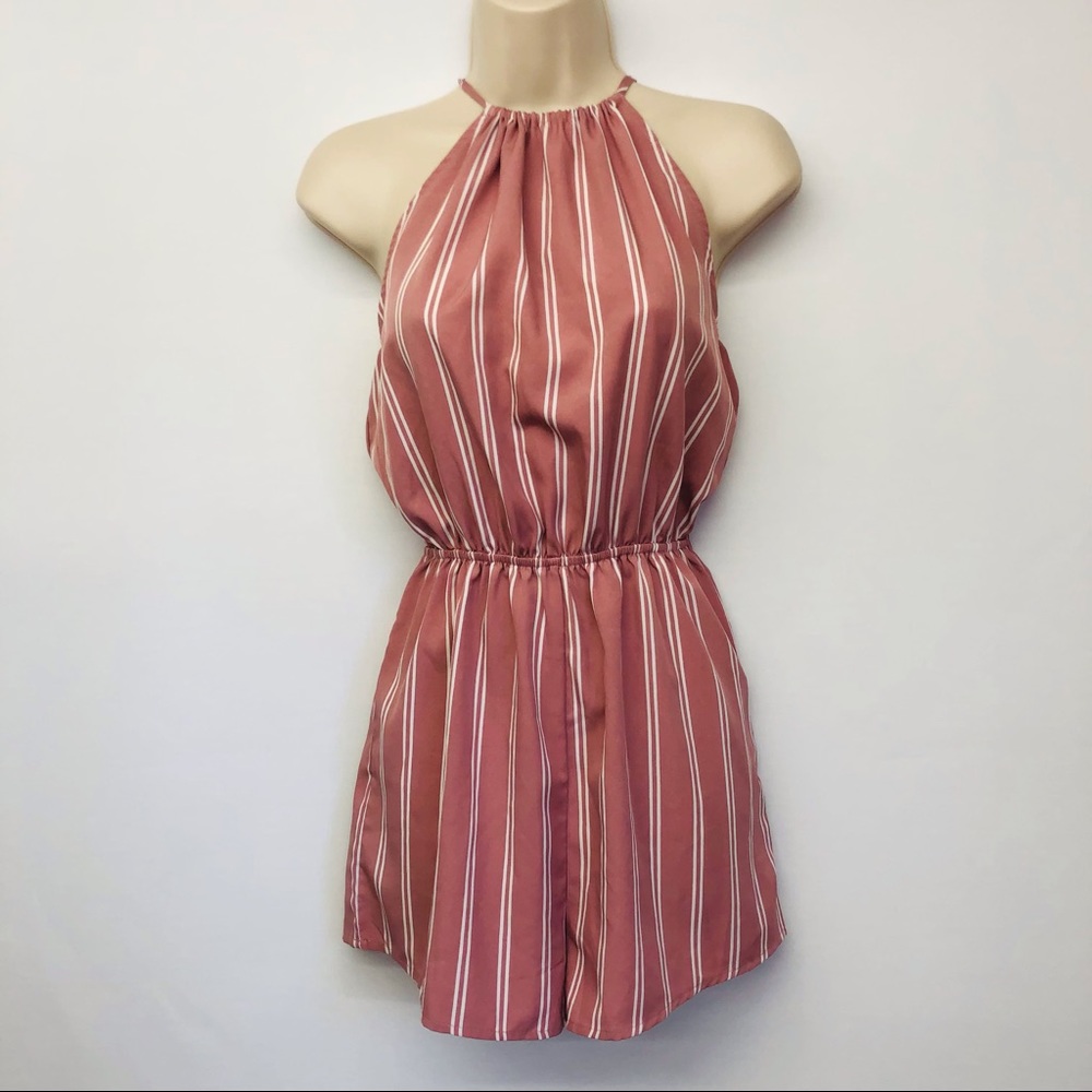 Gathered Halter Romper, White Striped Pink Rose Open Back Playsuit, Tie Neck, Sh